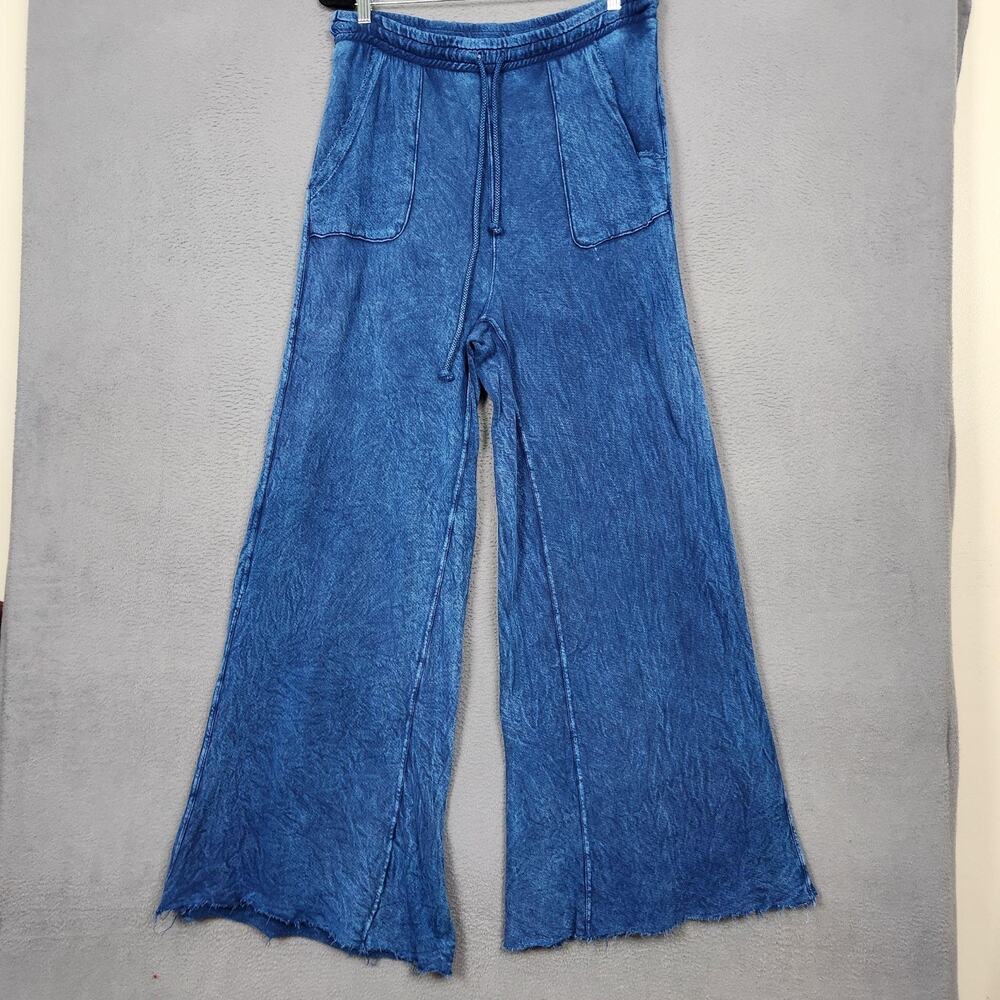 Three Bird Nest Pants Womens Large Blue Velour Wide Leg Elastic Waist Pockets